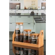 PremiumPort Cam Kavanoz Seti Çay, Kahve ve Şeker Için Vakumlu Ahşap Kapaklı