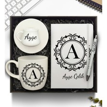 As Gift Kişiye Özel Defter & Porselentabaklı Fincan & Beyaz Kupa & Kalem Hediye Seti