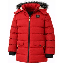 Erkek Kırmızı Çıkartılabilir Kapüşonlu Içi Kürklü Su ve Rüzgar Geçirmez Çoçuk Mont ve Kaban