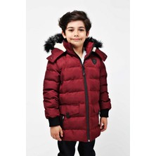 Erkek Bordo Çıkartılabilir Kapüşonlu Içi Kürklü Su ve Rüzgar Geçirmez Çoçuk Mont ve Kaban