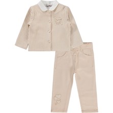 Lüks Kumru Tekstil Civil Girls Pantolon Ceket Nakışlı 3 Lü 2-5 Yaş Takım - Bej 3-4 Yaş