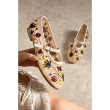 BeBeQ Kadın Bej Tokalı Düz File Nakışlı Günlük Ayakkabı Suni Deri Hazır Taban