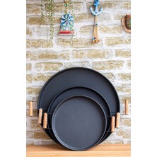 PremiumPort Set Halinde 3 Farklı Boyutta Ahşap Kulplu Metal Tepsi