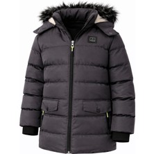 Erkek Gri Çıkartılabilir Kapüşonlu Içi Kürklü Su ve Rüzgar Geçirmez Çoçuk Mont ve Kaban