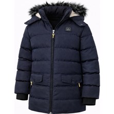 Erkek Lacivert Çıkartılabilir Kapüşonlu Içi Kürklü Su ve Rüzgar Geçirmez Çoçuk Mont ve Kaban