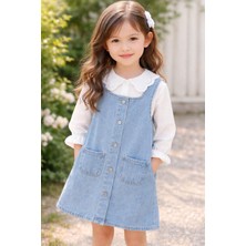 Butik Kız Çocuk Salopet Elbise Gömlek 2'li Takım  Kot Elbise