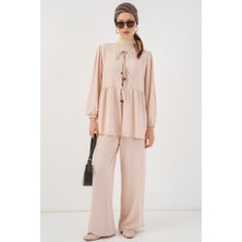 Queene Dreams Önü Bağcıklı Tunik Pantolon Ikili Takım 6744 - Krem