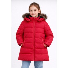 Kız Çocuk Kırmızı Şişme Mont Kapüşonlu Kürklü Kışlık Uzun Model