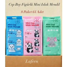 Lufern Taşınabilir Çanta Tipi Mini Islak Mendil Cep Boy Hijyenik Figürlü Seyahat Okul 8 Paket 64 Adet