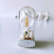 MEKECE Nikah Şekeri Hediyeliği (50 Adet) Beyaz İncili Gala Çiçekli Ters Fanus Şişe NKS-151