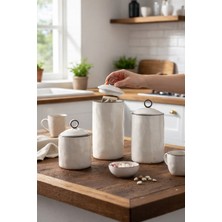 PremiumPort 3'lü Porselen Kavanoz Seti, Halka Kulplu Kapak, Saklama ve Baharat Kabı