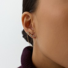 Aja Linea Top Motifli Çok Taşlı Sallantılı Zincir Pimli Altın Küpe