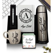 As Gift Kişiye Özel Deri Kılıflı Krom Çelik Termos & Beyaz Defter & Beyaz Kupa & Beyaz Kalem Hediye Seti