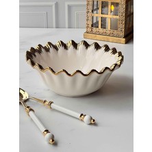 Rossev Yuvarlak Salata Kasesi Sofya  Stoneware Gold Kenarlı – 26 cm