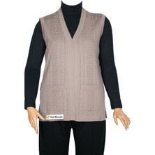 Hermevsim Hesna Kadın Karen Triko Cepli Boncuklu Kum Beji Yelek