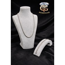 Cg Aksesuar Gümüş Renk Burgu Zincir Kolye & Bileklik Seti