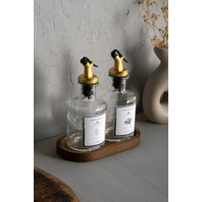 PremiumPort Şeffaf Ahşap Stantlı 2'li Zeytinyağı ve Sosluk Seti