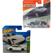 2 Araç Set - Hot Wheels Porsche Taycan Turbo S - Beyaz & Matchbox Porsche 911 Carrera Cabriolet - Gri (1/64)