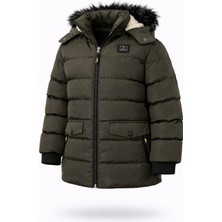 Erkek Haki Çıkartılabilir Kapüşonlu Içi Kürklü Su ve Rüzgar Geçirmez Çoçuk Mont ve Kaban