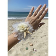 Beyaz Kumaş Çiçekli Deniz Yıldızlı Gelin , Nedime , Lohusa Bilekliği