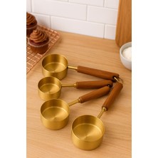 PremiumPort Gold Renk Ahşap Saplı 4'lü Metal Ölçü Kaşığı Seti, Şık ve Kullanışlı
