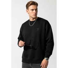 Twenty Erkek Owersize Önü Baskılı Düz Basic Sweatshirt- Siyah