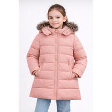 Kız Çocuk Pembe Şişme Mont Kapüşonlu Kürklü Kışlık Uzun Model