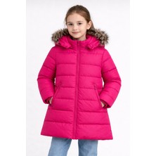 Kız Çocuk Fuşya Şişme Mont Kapüşonlu Kürklü Kışlık Uzun Model