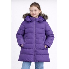 Kız Çocuk Mor Şişme Mont Kapüşonlu Kürklü Kışlık Uzun Model