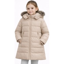 Kız Çocuk Krem Şişme Mont Kapüşonlu Kürklü Kışlık Uzun Model