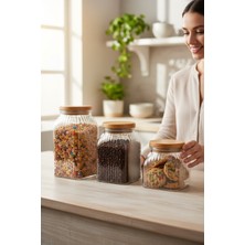 PremiumPort 3'lü Ahşap Vakum Kapaklı Şeffaf Mika Saklama Kabı Seti