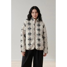 BANEGA Siyah Bej Peluş Desenli Cepli Fermuarlı Oversize Mont Sweatshirt