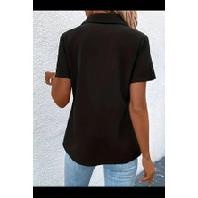 Mericline Kadın Kısa Kollu Ceket Yaka Önü Fermuarlı Cep Detay Kısa Kol Ithal Krep Bluz