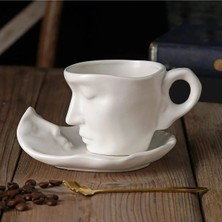 PremiumPort Şık Skandinav Yüz Şekilli 2'li Kahve Fincan Takımı, 110 ml Beyaz