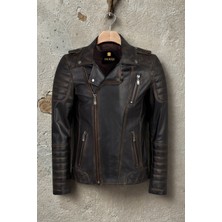 AsyaClub Derije Modric Hakiki Deri Erkek Vintage Eskitme Biker Motorcu Tarzı Mont