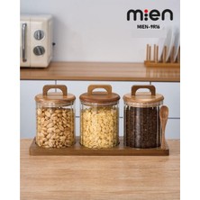 PremiumPort Şık Ahşap Standlı 3’lü Çizgili Cam Baharatlık Seti – Yuvarlak 750 ml