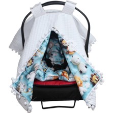 SerSev %100 Pamuk 3D Dijital Baskı Desenli Çift Taraflı Müslin & Pike Ponponlu Puset Örtüsü ve Sırt Destekli Minder Seti