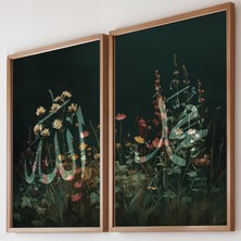 Pam Studio Ayetli Çiçek Desenli 2’li Tablo Seti | Doğal Floral Manevi Duvar Tablosu Ahşap Çerçeve