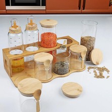 Welcomein Bambulu Cam Baharatlık & Yağlık Seti – Standlı 8 Parça Düzenleyici