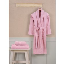 Ellaline 3 Parça Bornoz Seti %100 Pamuk Sertifikalı, Şalyakalı Bornoz Vücut ve Baş Havlusu Takımı Pembe