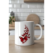 YasBey Design Kırmızı Kelebek Desenli 330ML Baskılı Beyaz Seramik  Kupa Bardak