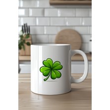 YasBey Design Dört Yapraklı Yonca Desenli 330ML Baskılı Beyaz Seramik Kupa Bardak