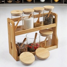 Welcomein Bambulu 7’li Cam Baharatlık Seti – Kaşıklı & Kapaklı Standlı Düzenleyici