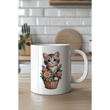 YasBey Design Sevimli Kedi Desenli 330ML Baskılı Beyaz Seramik Kupa Bardak