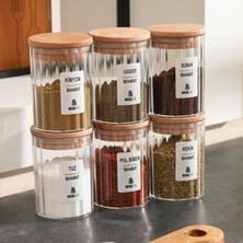 Welcomein 6’lı 450 ml Kristal Baharatlık Seti – Ahşap Kapaklı, Etiketli Saklama Kavanozu Woodcap