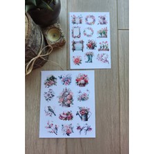 Kolbi Craft 2 Sayfa 24 Adet Çiçek Temalı Sticker Çiçek Lale Sakura Kuş Sticker Vintage Sticker