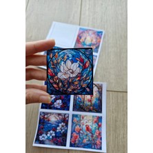 Kolbi Craft 8 Adet Vitray Beyaz Çiçek Sticker Seti Bullet Journal Laptop Termos Renkli Cam Kare Sticker