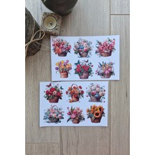 Kolbi Craft 2 Sayfa 12 Adet Çiçek Sepeti Sticker Seti  Çiçek Gül Ayçiçeği Lale Sepet Sticker Vintage Sticker