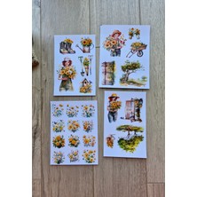 Kolbi Craft 4 Sayfa 25 Adet Sarı Temalı Sticker Seti Ayçiçeği Kız Sticker Çiçek Ağaç Country