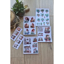 Kolbi Craft 6 Parça 37 Adet Saksı Kız Sticker Seti Bitki Penecere Saksı Kız Sticker Yeşil Turuncu